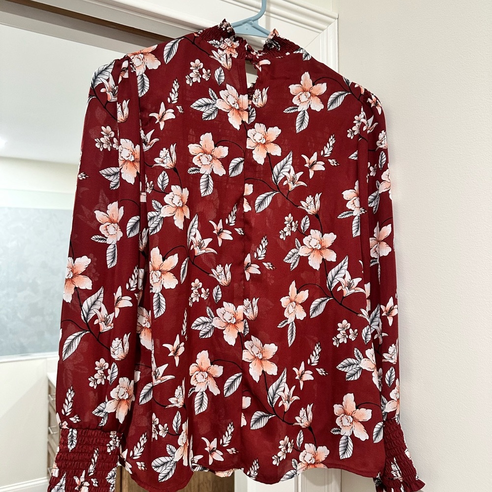 Cure Maroon Floral High Neck Blouse Size Medium - Picture 2 of 4